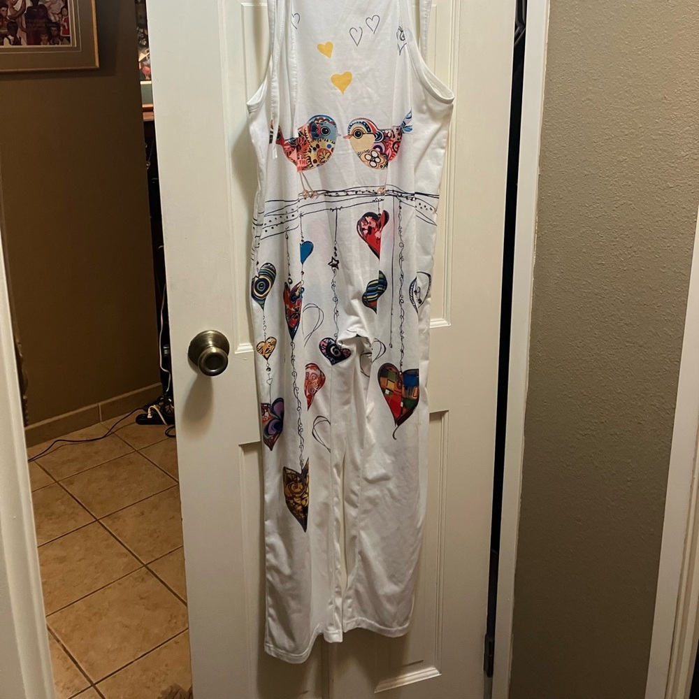 Colorful Bird Print jump suit.